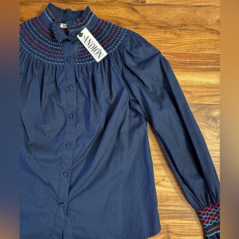 NWT Andion Women’s Navy Blue Hand Smocked Amelia Blouse Small S Bespoke Shirt